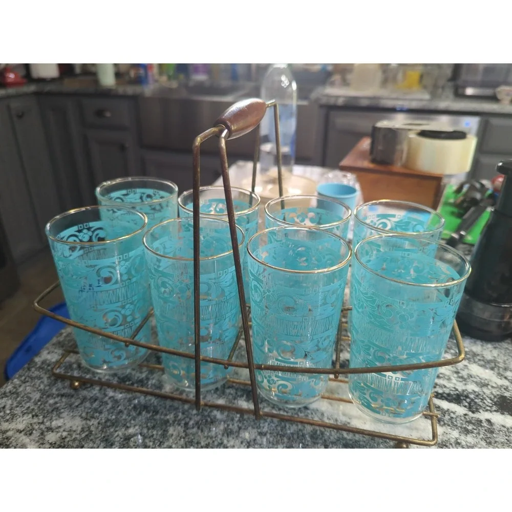 8 Vintage Anchor Hocking Chantilly Turquoise Drinking Glasses With MCM Holder